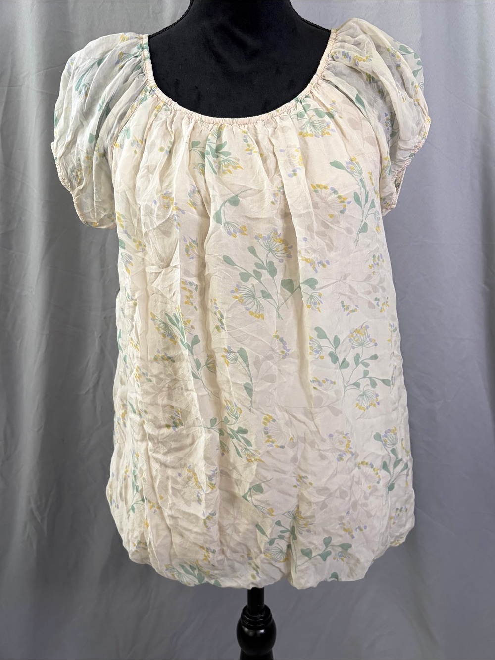 Tendenze Cream Floral Puff-Sleeve Peasant Blouse | Silk